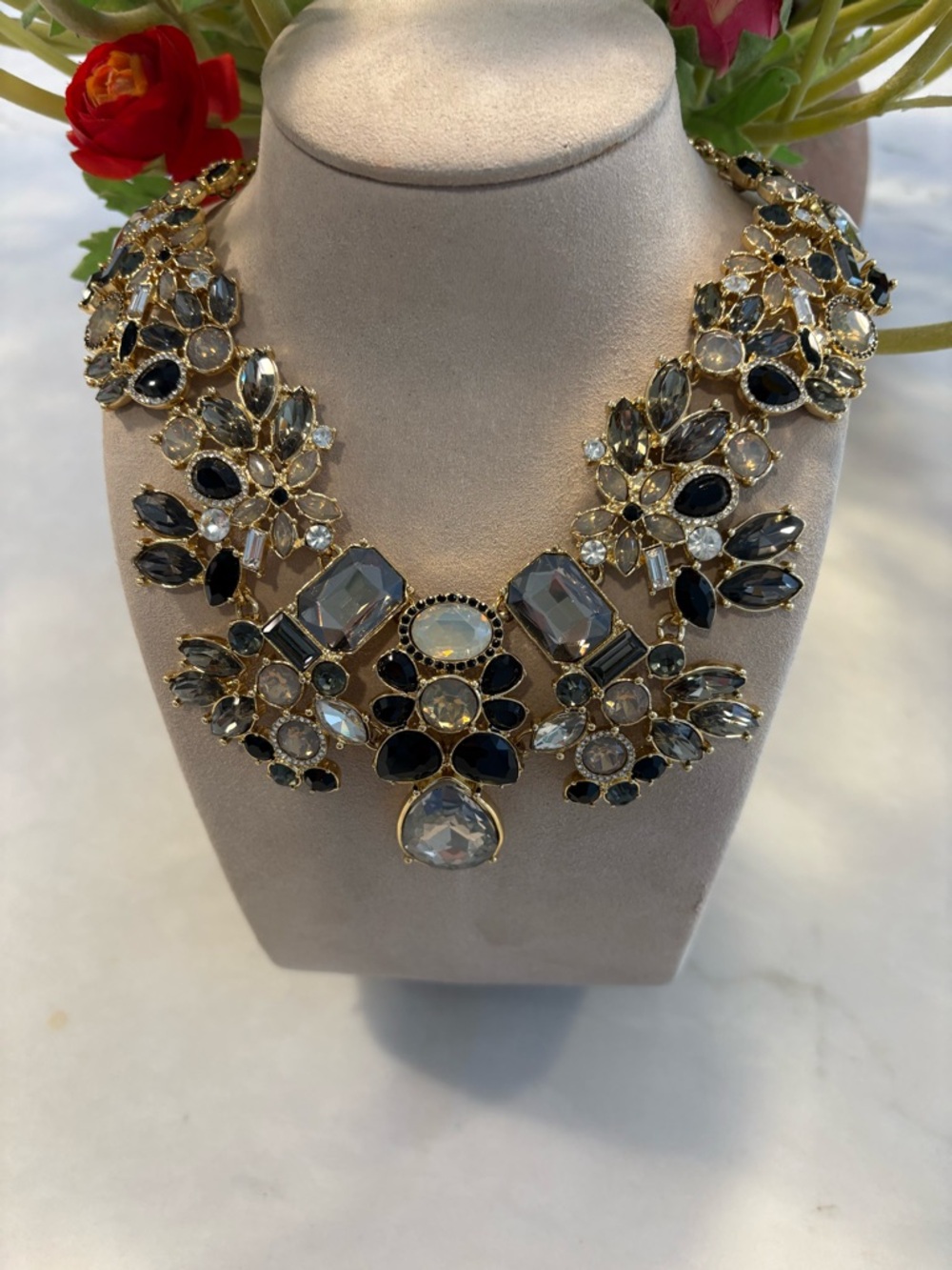 Talbots Gold-Tone Floral Crystal Statement Necklace in Black and Clear